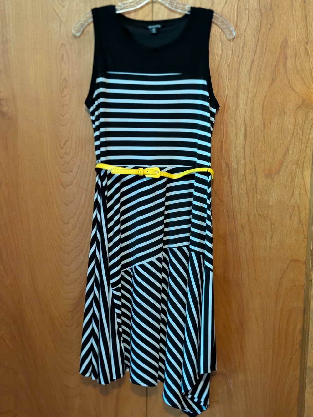 George Black and White Striped Midi Dress with Yellow Belt